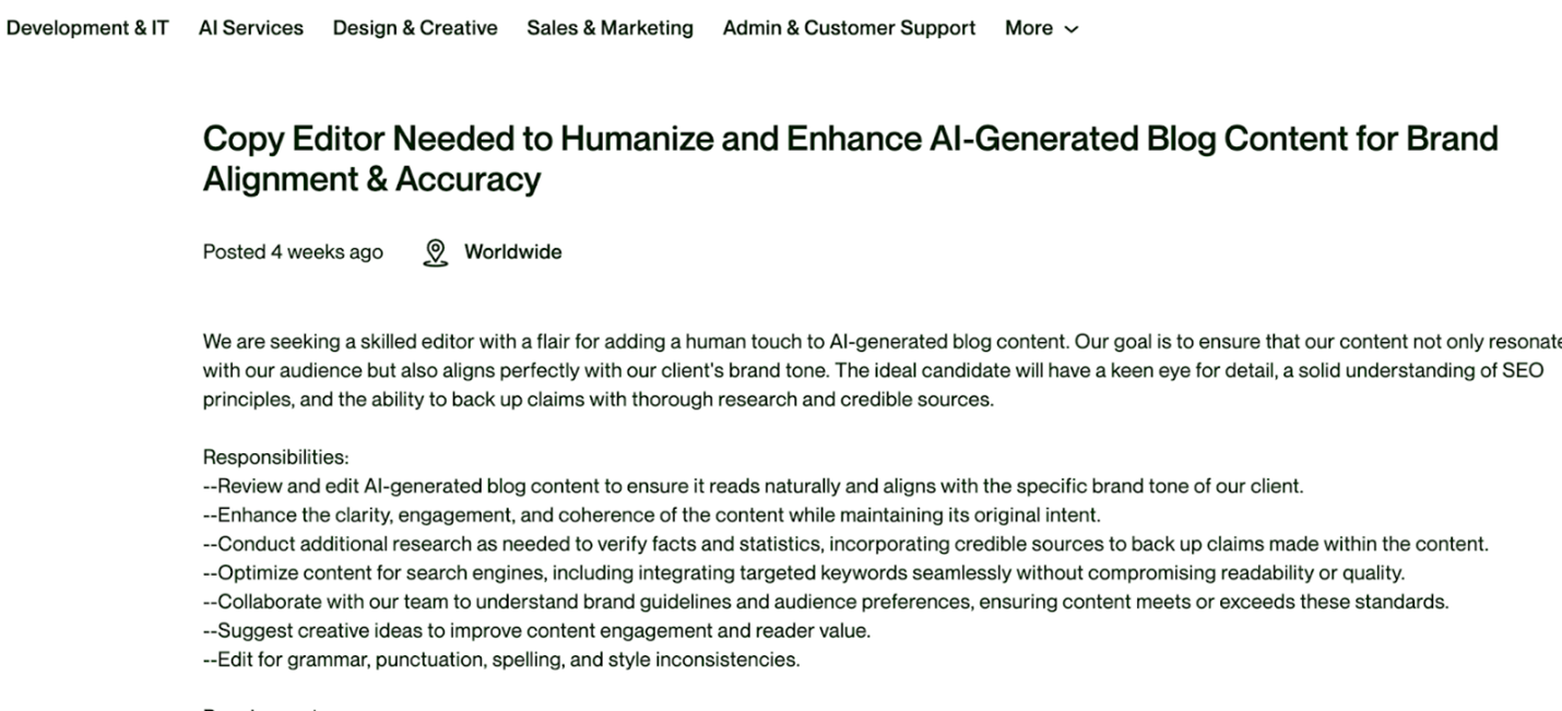 Another example of job board posting for a human writer to humanize the content they got from AI