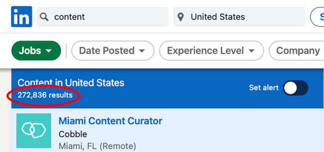 LinkedIn job search resuklts screen for content jobs showing 272,836 results