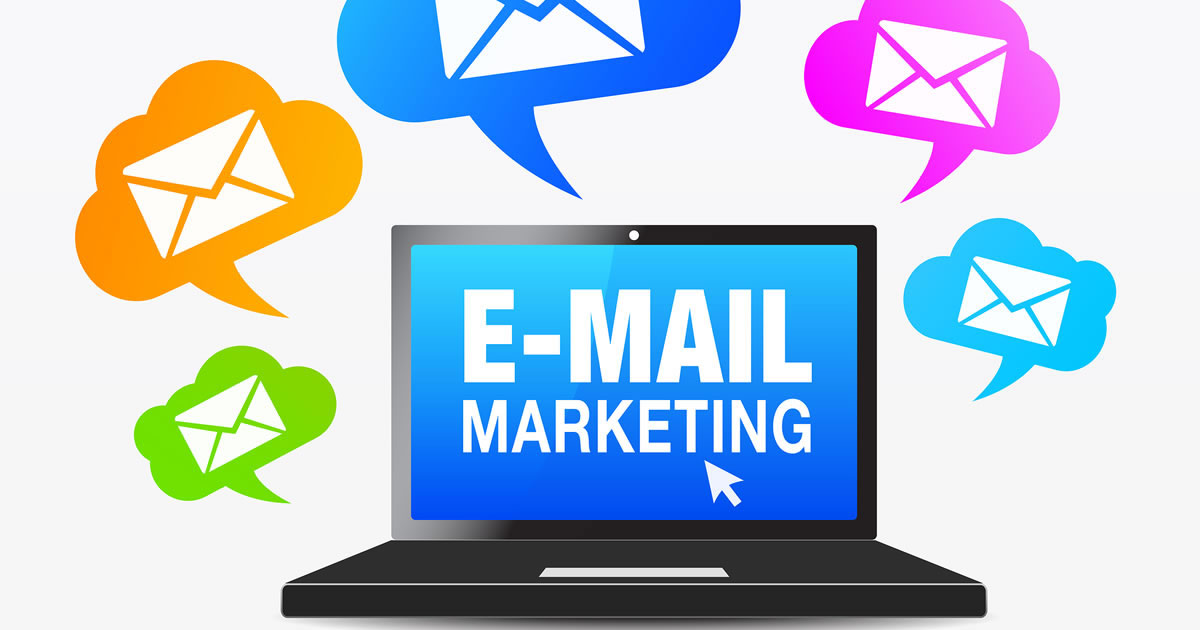 Laptop graphic with the words email marketing on the screen and envelope icons floating above it