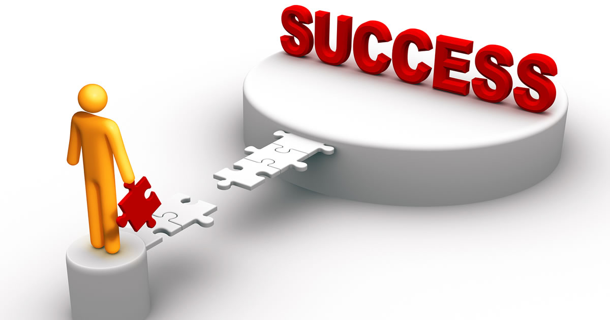 Graphic of a person holding a missing puzzle piece to connect a path to the word success