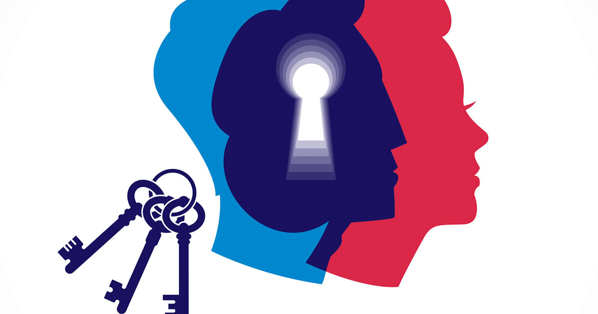 Graphic of a keyhole cutout within silhouettes of three people's heads next to set of keys