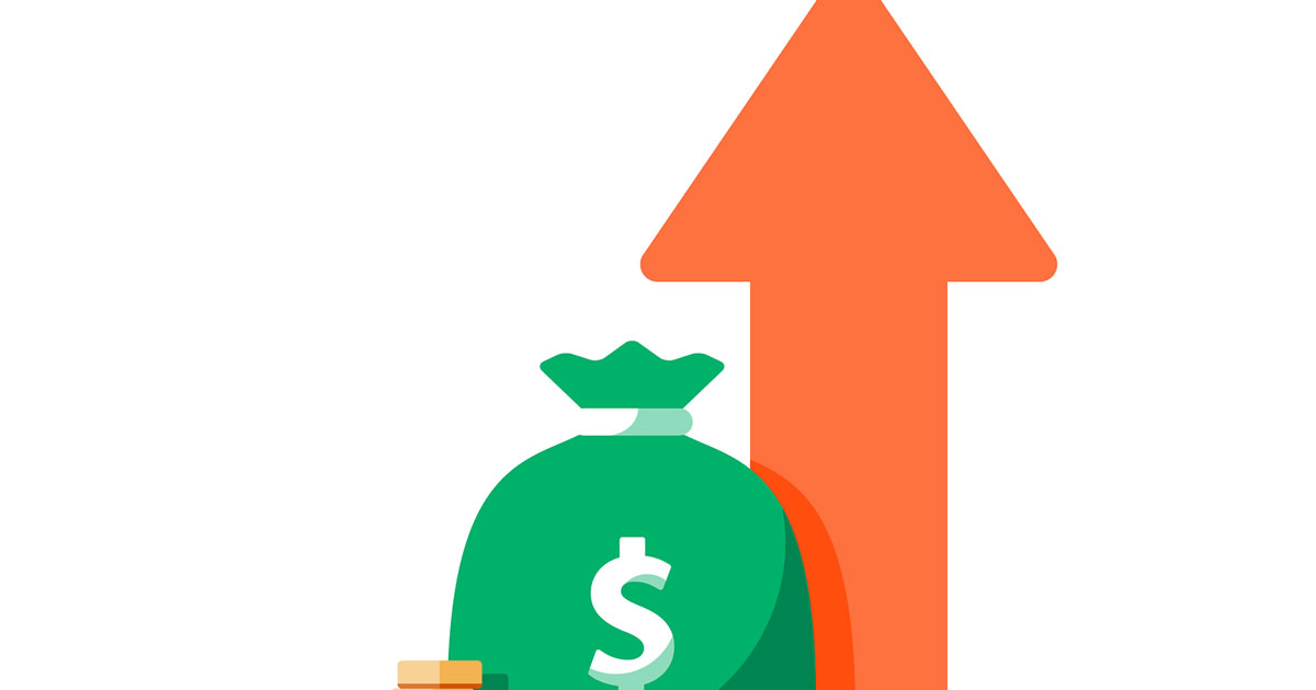 Graphic of upward-pointing orange arrow next to green bag labeled with dollar sign