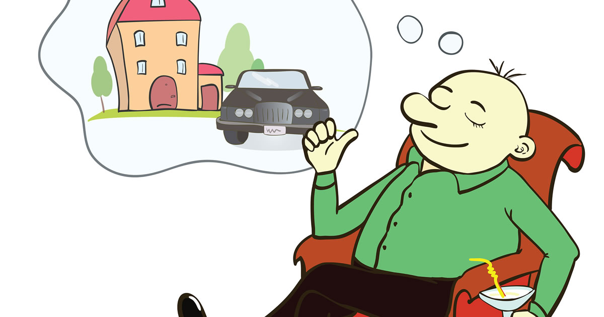 Illustration of man in armchair daydreaming of house and car