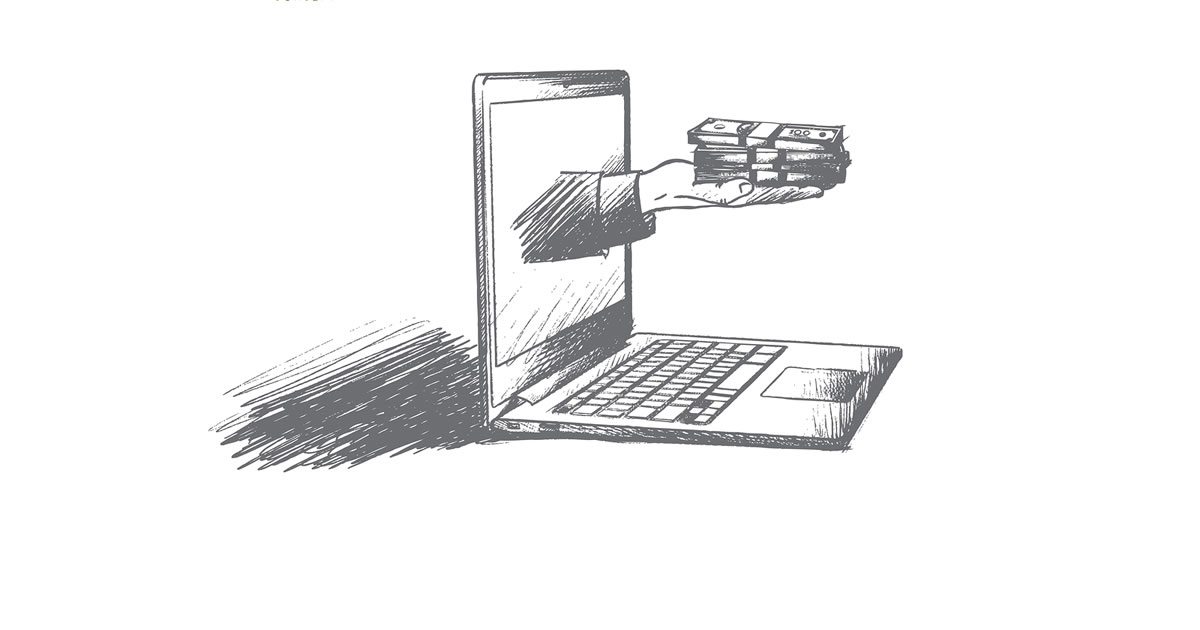 Illustration of stack of money in hand extending from laptop screen