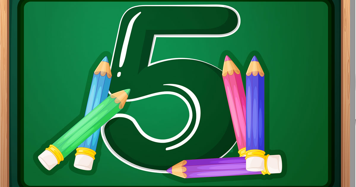 Illustration of the number five and five pencils