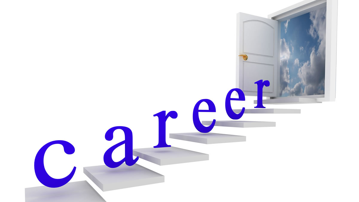 The word career ascending stairs leading to open door showing bright sky beyond