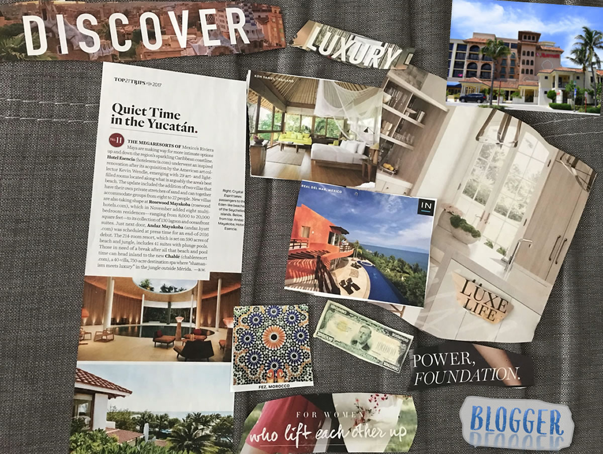 Vision Board with dream ocean view locations; money; words blogger, discover, power, foundation; luxury life