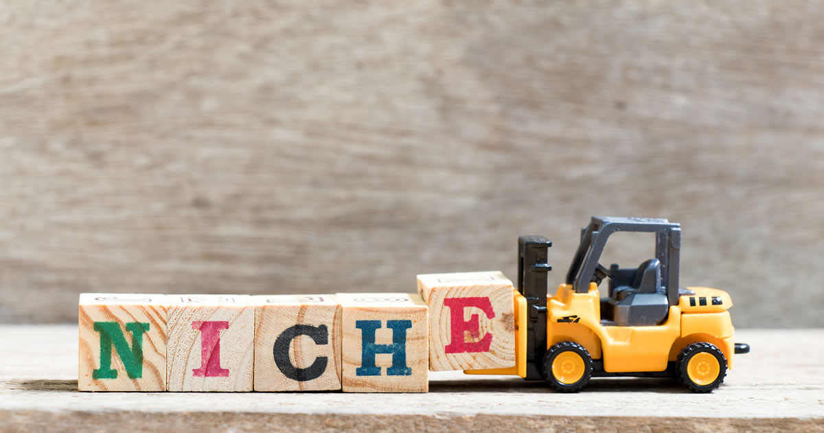 Toy forklift holding letter block E in word NICHE on wood background