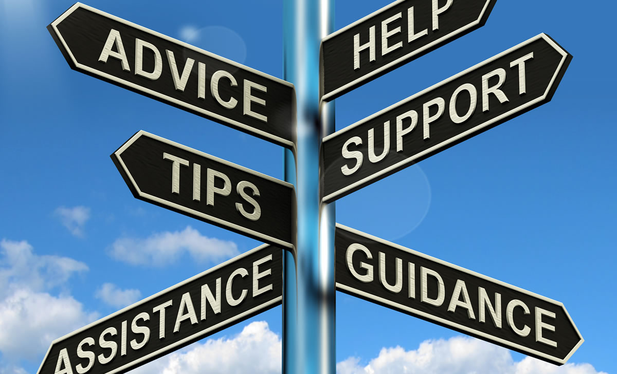 Help, Support, Guidance, Advice, Tips, and Assistance Signposts against blue sky; resources concept