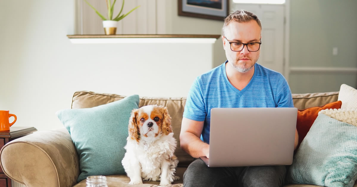 Man typing on laptop on couch at home with dog by his side