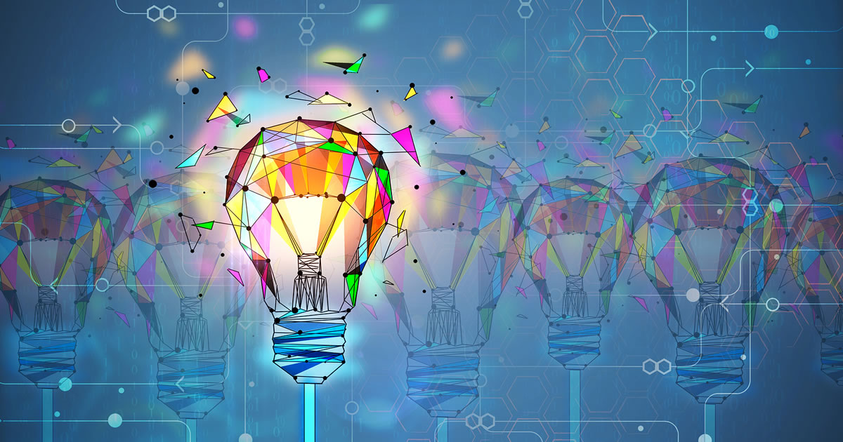 Abstract creative polygonal colorful light bulb background. Innovation and creativity concept. 3D Rendering