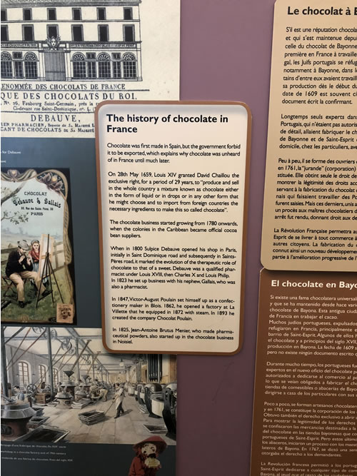 Sign in the Paris chocolate museum describing the history of chocolate in France