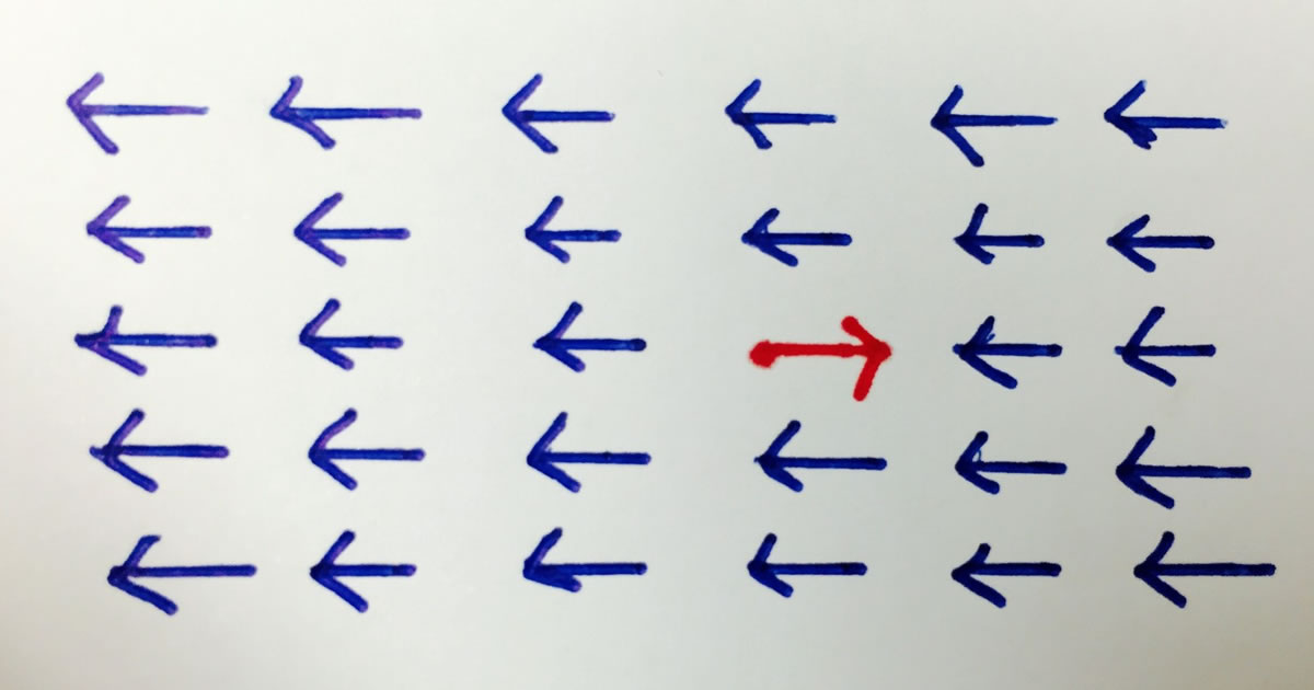 A field of blue arrows pointing one direction, with one red arrow pointing the other, all on white background