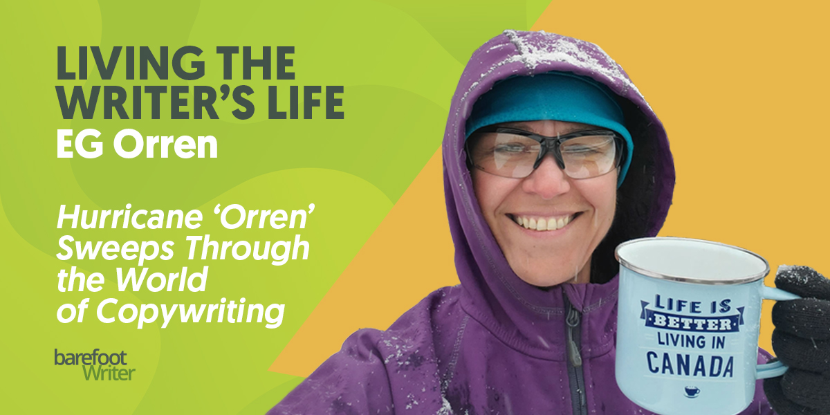 Writer EG Orren holding mug that says life is better living in Canada