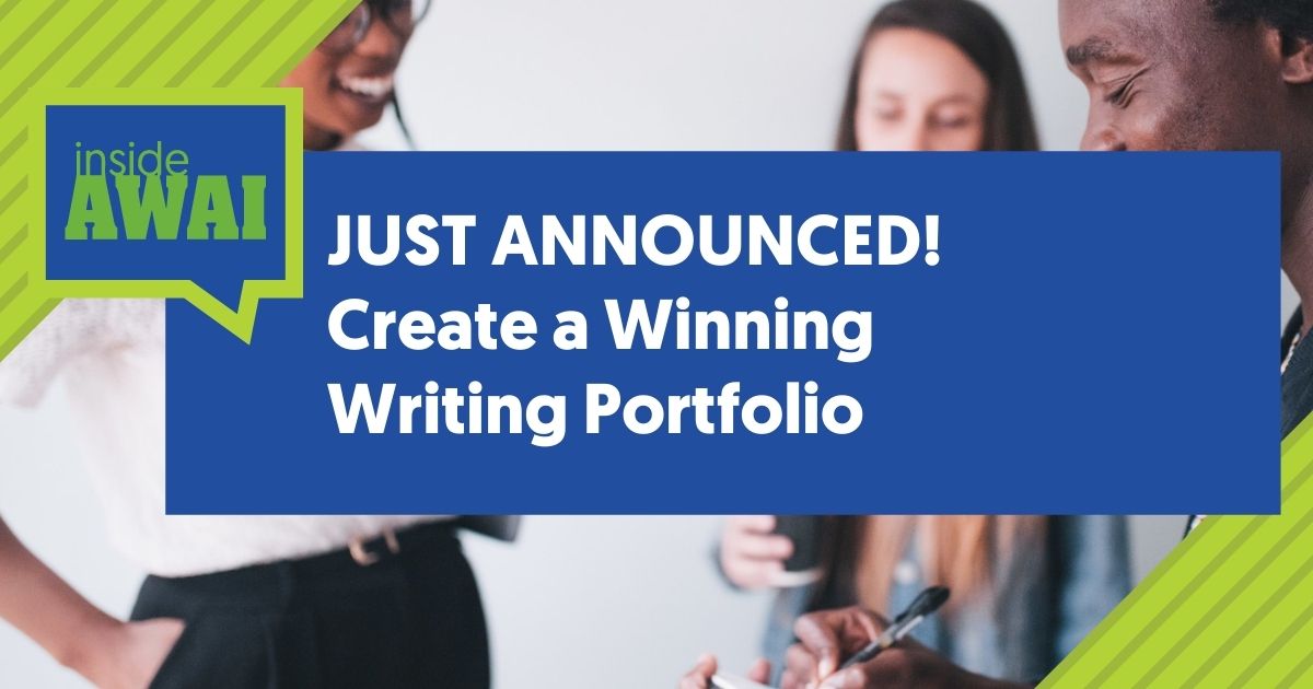 Smiling coworkers writing on notepad with text overlay of the words Just Announced! Create a Winning Writing Portfolio