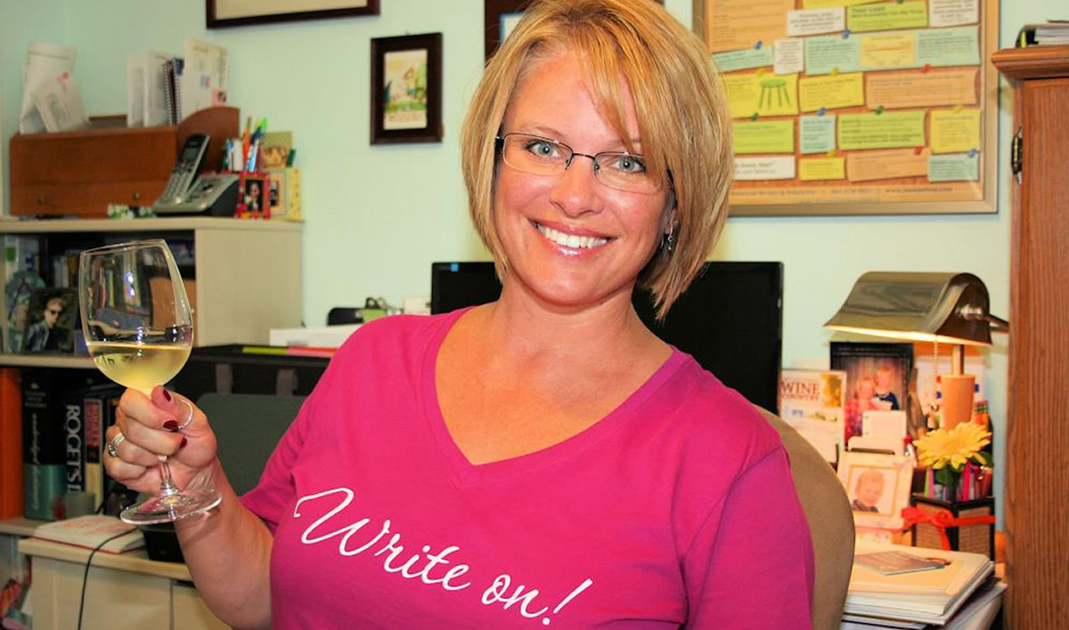 Content marketer Michele Peterson in her home writing office