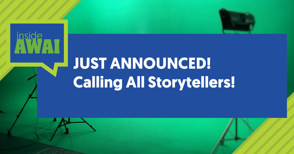 The words Just Announced! Calling All Storytellers! over image of video studio with green screen and lights