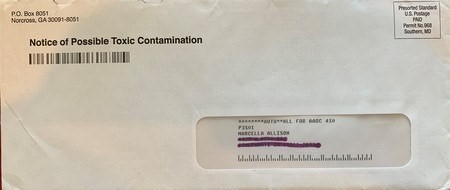 Mailing envelope test Toxic Contamination Notice