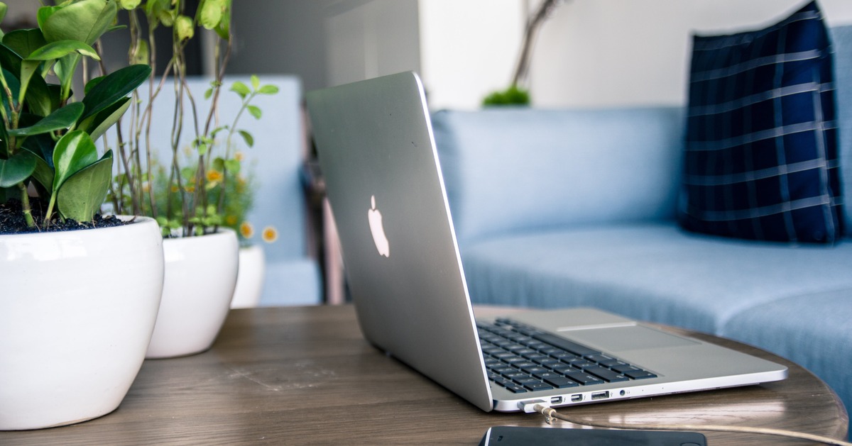 Laptop sitting on coffee table next to a plant