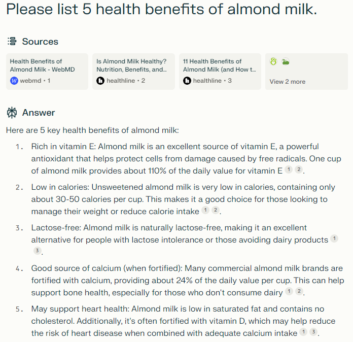 Screenshot of Perplexity AI prompt about health benefits of almond milk.