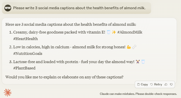 Screenshot of Claude AI prompt listing social media captions about health benefits of almond milk.