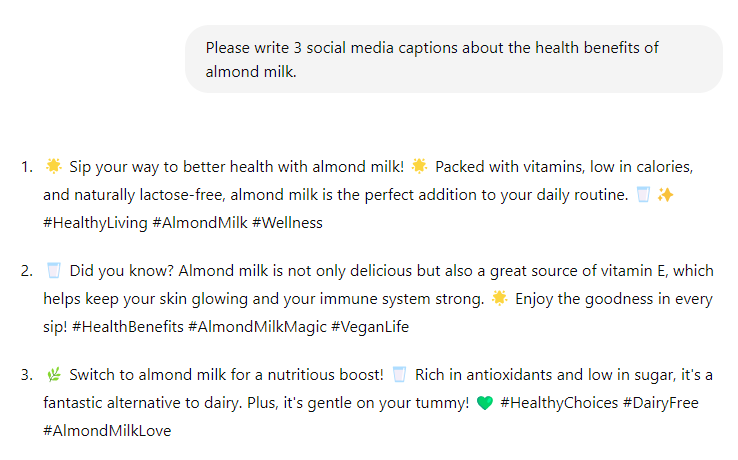 Screenshot of ChatGPT AI prompt listing social media captions about health benefits of almond milk.