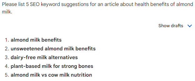 Screenshot of Gemini AI prompt listing keyword suggestions about health benefits of almond milk.