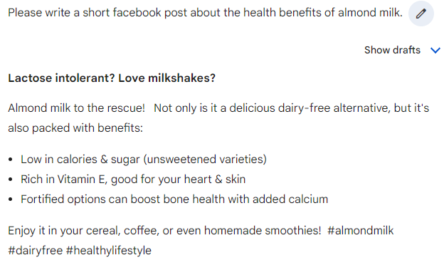 Screenshot of Gemini AI prompt showing Facebook post about health benefits of almond milk.