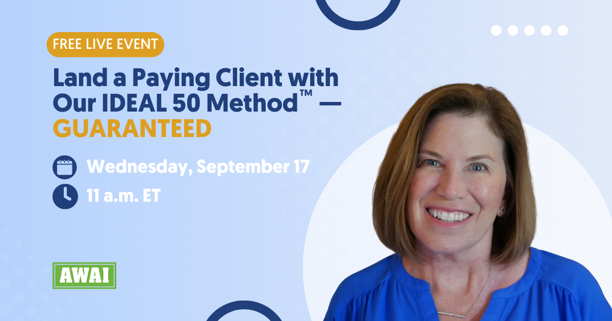 Free live event titled “Land a Paying Client with Our IDEAL 50 Method™ — GUARANTEED.” Scheduled for Wednesday, September 17 at 11 a.m. ET. On the right side is Katie Yeakle.