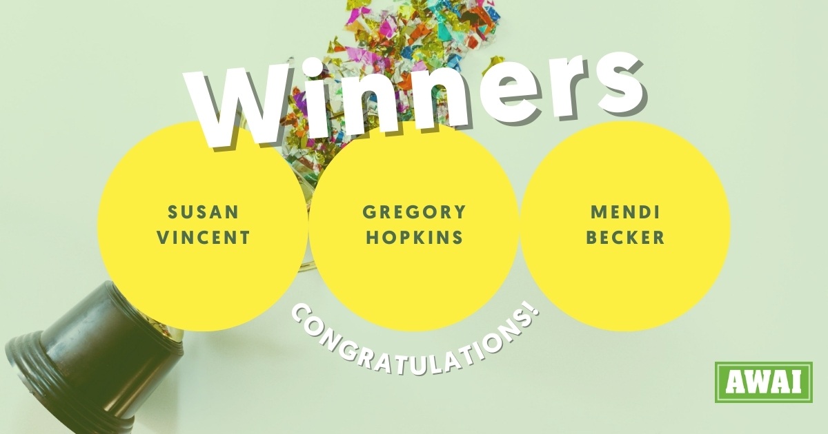 Banner announcing Gregory Hopkins, Mendi Becker, and Susan Vincent as the winners of the January new writers contest