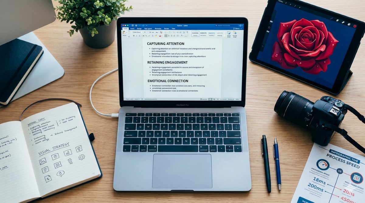 A view of a professional copywriter's wooden desk, featuring an open laptop displaying an article about visual engagement, a tablet showing a vibrant rose illustration, a notebook with handwritten notes on visual strategy, a digital camera, and an infographic page.