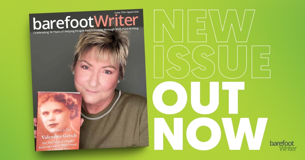 A banner with the April Barefoot Writer Magazine cover with the words: New Issue Out Now