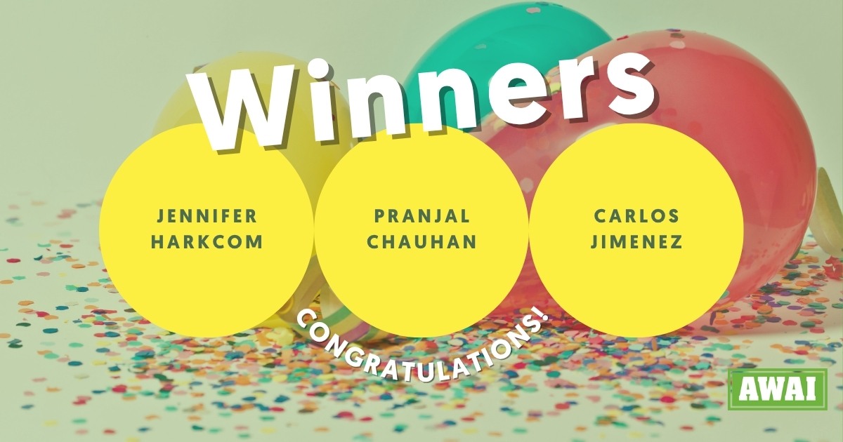 Banner announcing Jennifer Harkcom, Carlos Jimenez, and Pranjal Chauhan as the winners of the March new writers contest