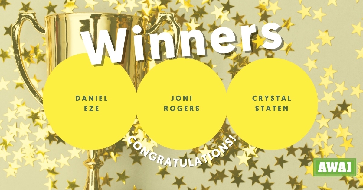 Banner announcing Daniel Eze, Joni Rogers, and Crystal Staten as the winners of the April new writers contest