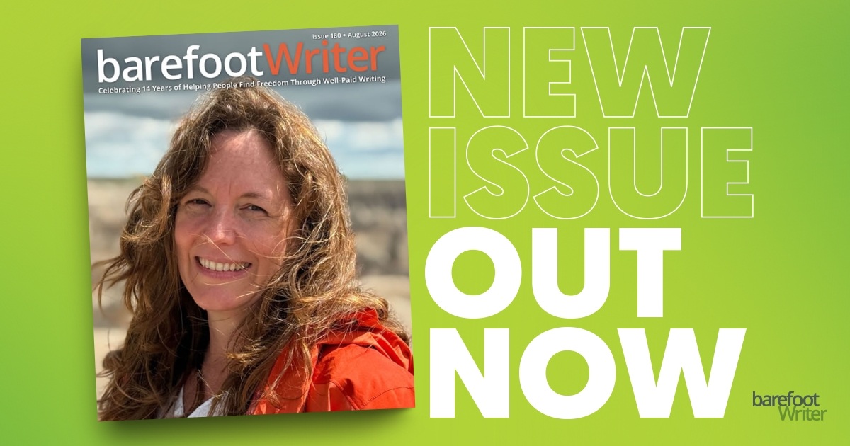 A banner with the August Barefoot Writer Magazine cover with the words: New Issue Out Now