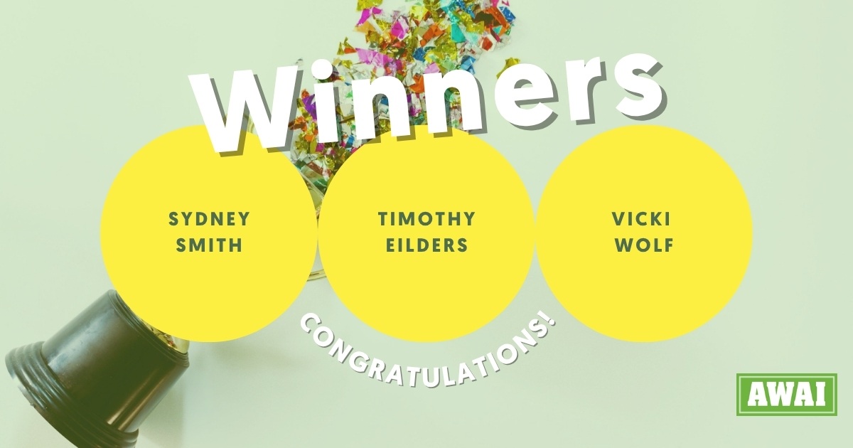 Banner announcing Sydney Smith, Timothy Eilders, and Vicki Wolf as the winners of the July new writers contest