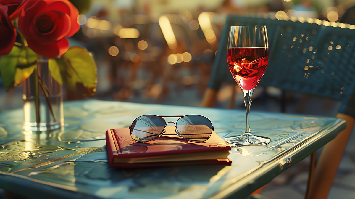 Image of a sunlit caf&eacute; table in France with a glass of red wine and a notebook