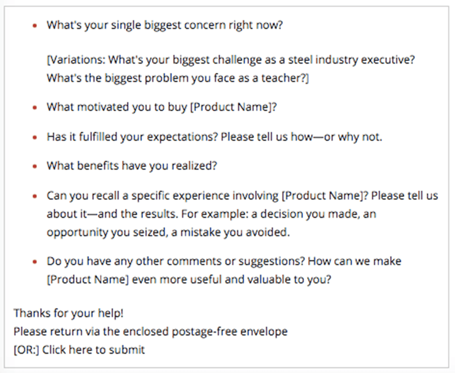 Survey example. Series of survey questions, including: What's your single biggest concern right now? What motivated you to buy [Product Name]?
