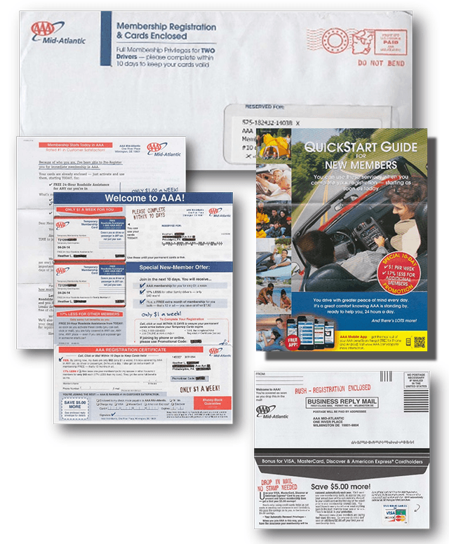 Examples of direct-mail packages from AAA