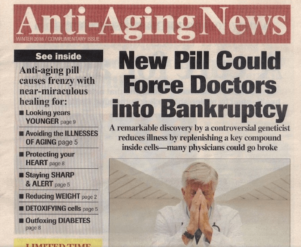 Direct-Mail Newsletter example. 'Anti-Aging News' that looks like a newspaper, including image of stressed doctor