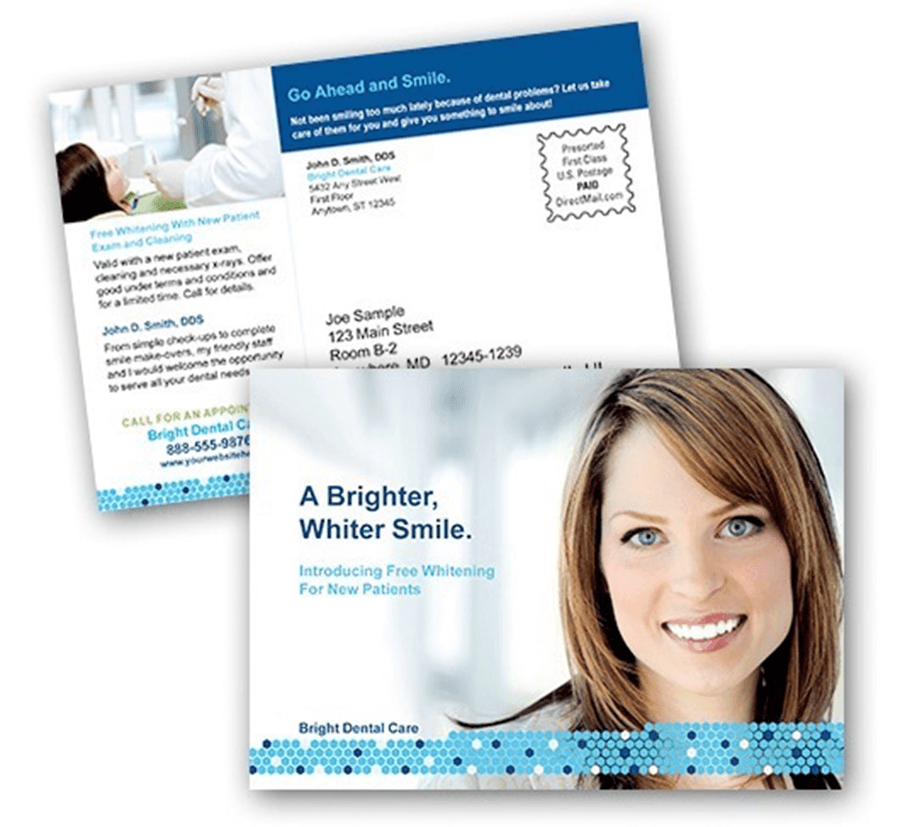 Direct-Mail Postcard example. front and back of dental advertisement postcard with smiling woman, contact information on reverse