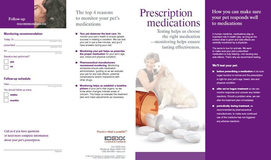 Brochure example (front side). Prescription medications for dogs brochure, including photos of dogs, owners, pill bottles, order device