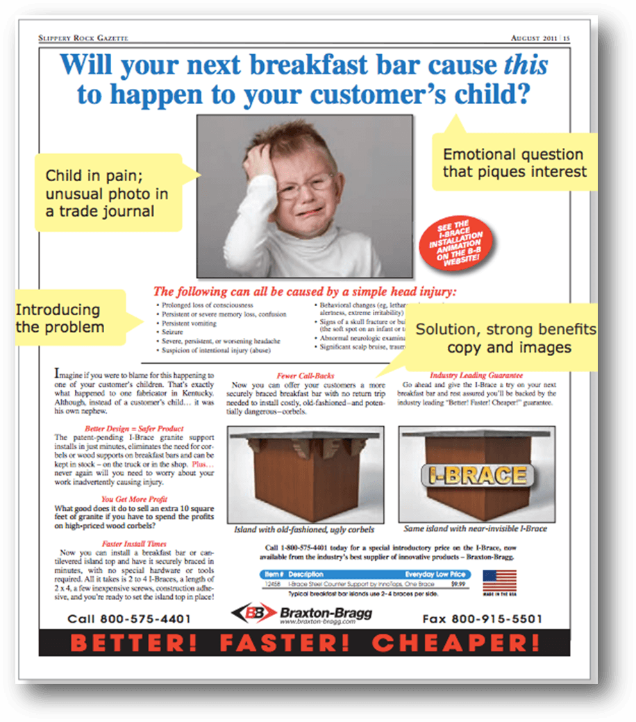 Print Ad example. 'Will your next breakfast bar cause this to happen to your customer's child?' marked up print ad. Important features include the emotional question that piques interest, unusual photo of child in pain, strong benefits copy