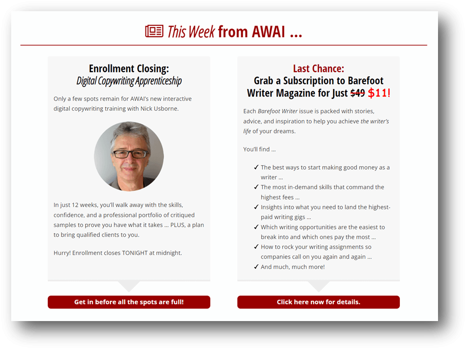 Space Ad examples. two side by side ads for upcoming AWAI programs and subscriptions