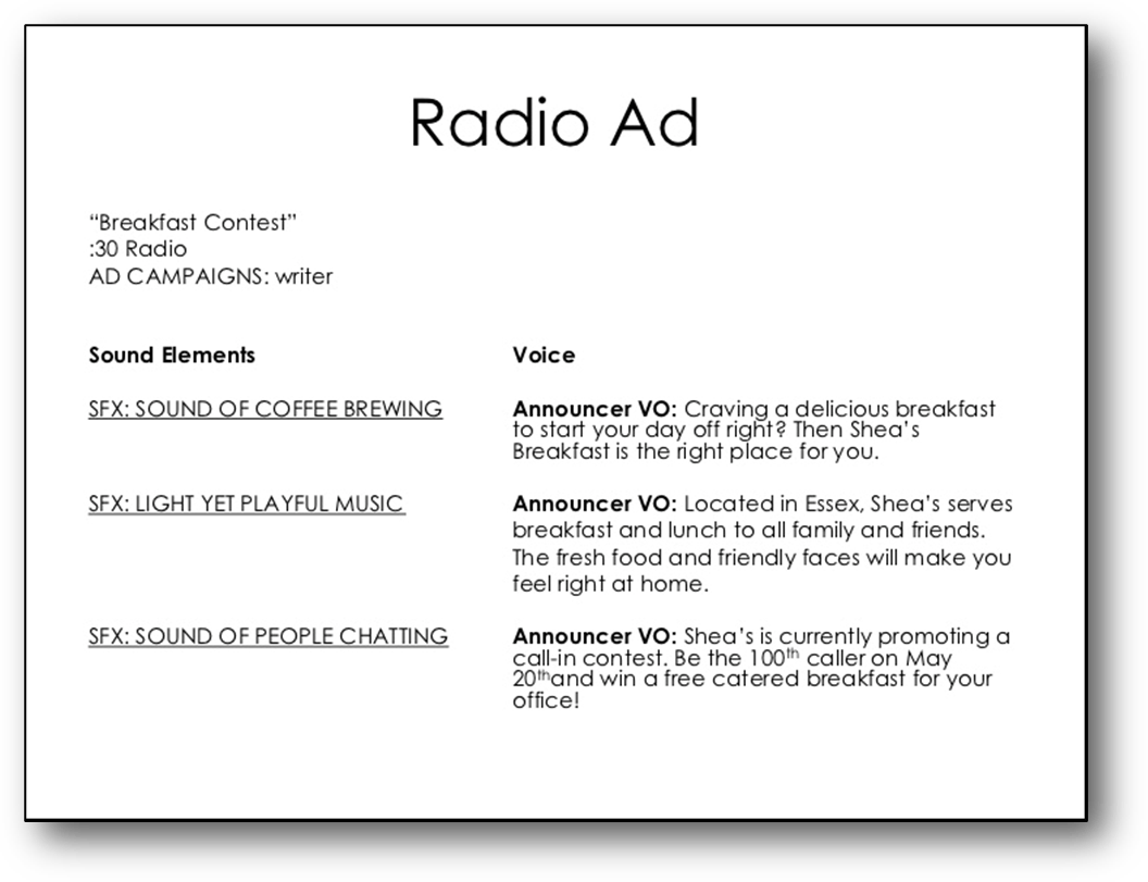 Radio Ad example. Radio ad with sound elements on one side, voice-over instructions on the other