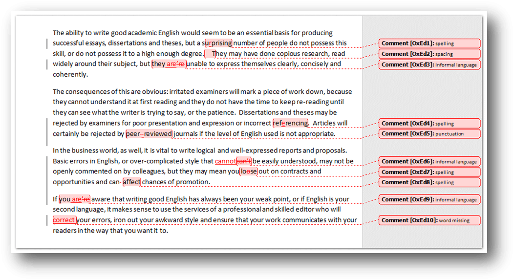 Proofreading example. shows Word document with track changes and comments on the markup side