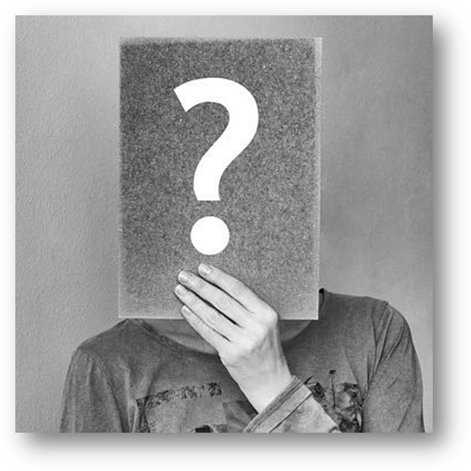 Person holding paper with large question mark covering face & identity; black and white photo