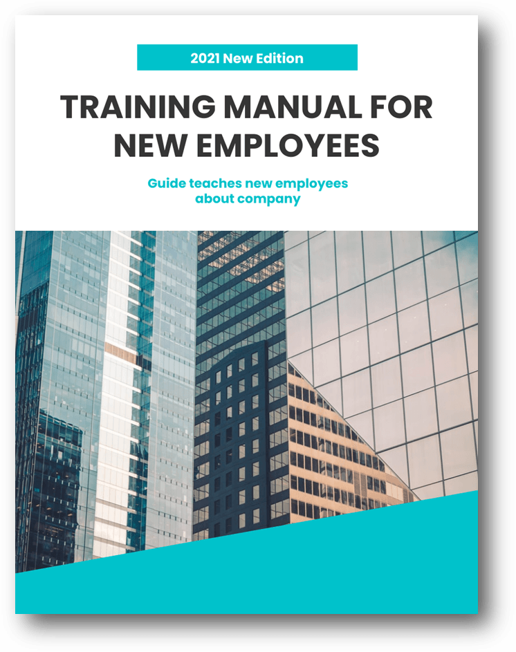 Training Manual example. Training Manual for New Employee mockup, with skyscraper graphic on front cover