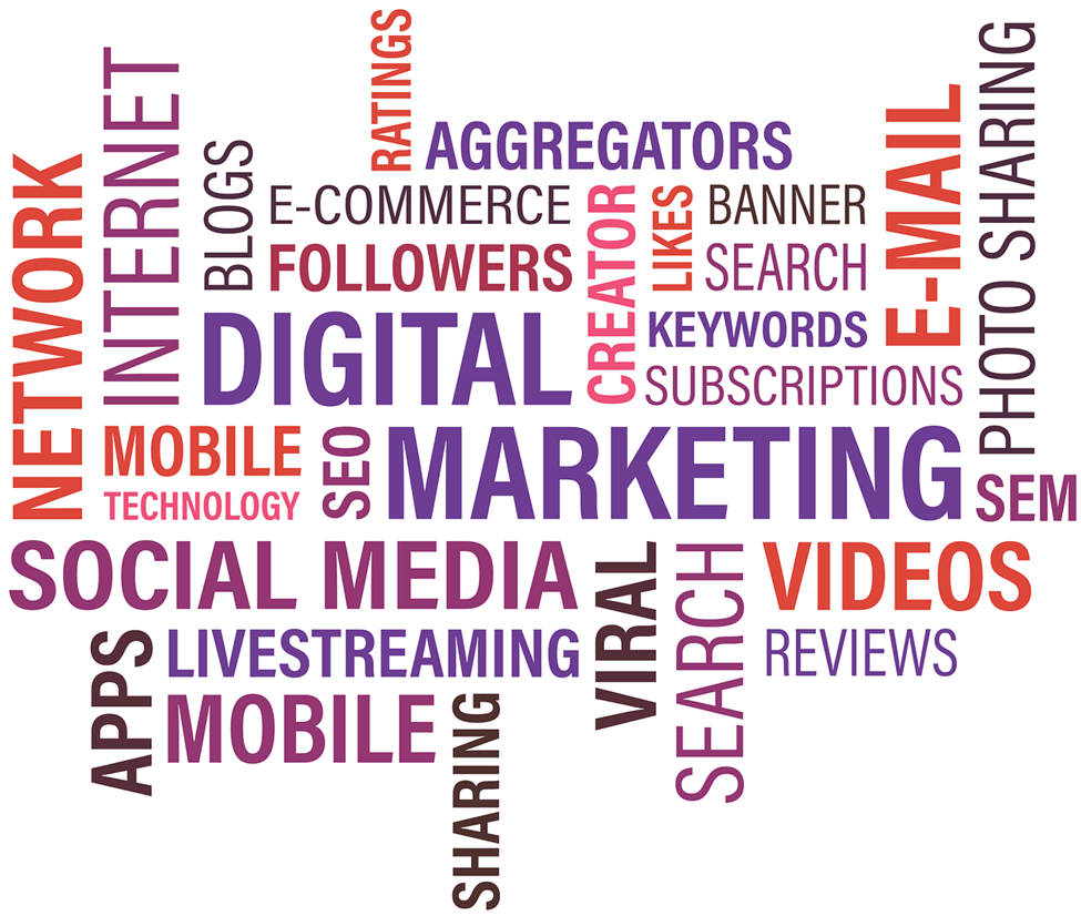 Digital Marketing Word Cloud. Tags such as Digital Marketing, Followers, Social Media, Video, E-mail, Mobile, Network, etc. appear in word cloud