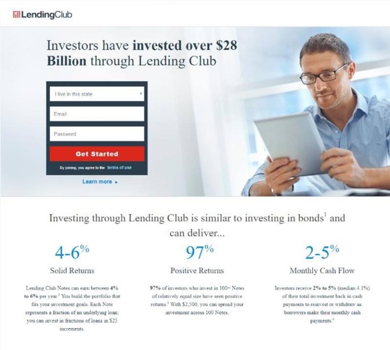 Screen shot of Lending Club landing page